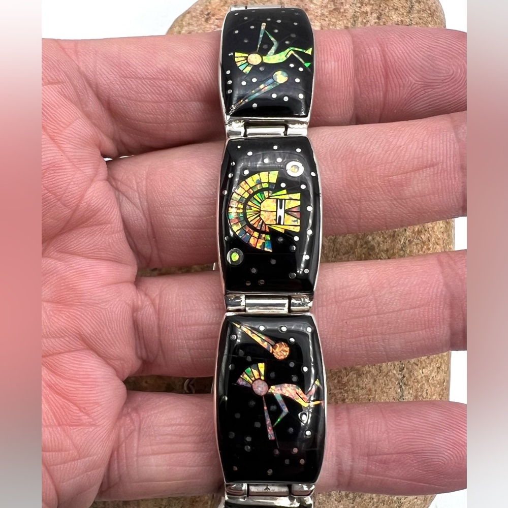 Navajo Sterling Silver Onyx Opal Kachina Kokopelli Night Sky Link Bracelet 8" - Picture 4 of 7